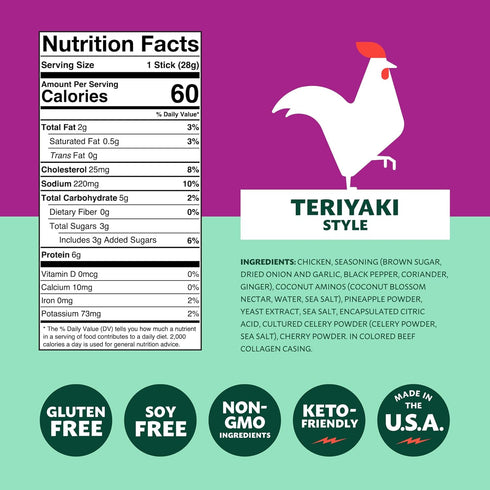 6g 12 Count Mighty Spark Chicken Snack Sticks - Teriyaki - of Protein, No Antibiotics, No Hormones, Gluten Free, Soy