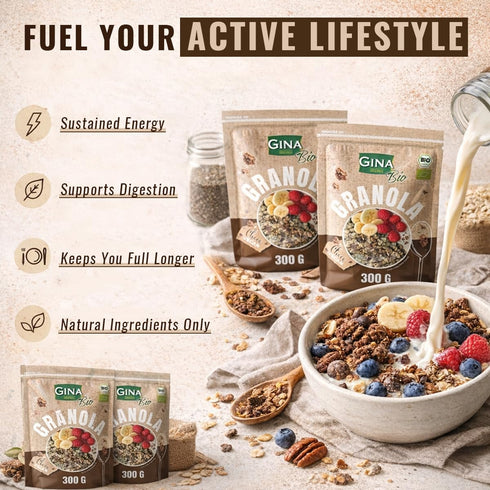 GINA Bio 300g- 2pk Organic Granola with Cocoa, Pecans & Fruits for Daily Meals - Gluten Free Vegan Granola Ideal