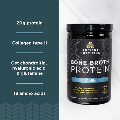 Ancient Nutrition Protein Powder, Vanilla, 20g Protein Per Serving, 20 Serving Tub, Gluten Free Bone Broth