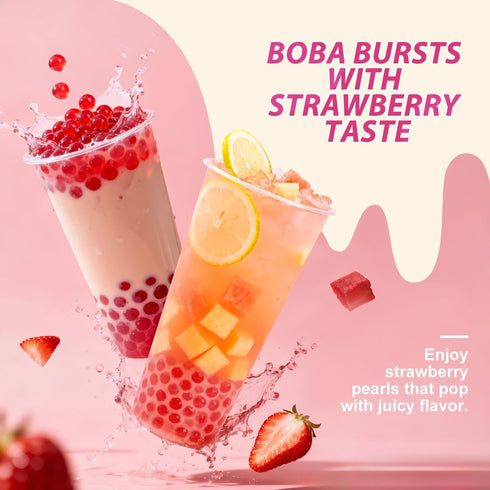 550g Frozen Soeos Strawberry Popping Boba, Bursting Boba Pearls for Bubble Tea, Yogurt, Desserts & Drinks