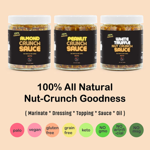 SAUCE UP 100% Natural Nut-Crunch 6oz- Premium Ingredients, Vegan, Keto, GF, Zero Msg, Flavor Bomb, (Roasted, Crunchy, Nutty, Sweet, Flavorful, Savory)- Good on Anything Crunchy Oil/Sauce (Almond)