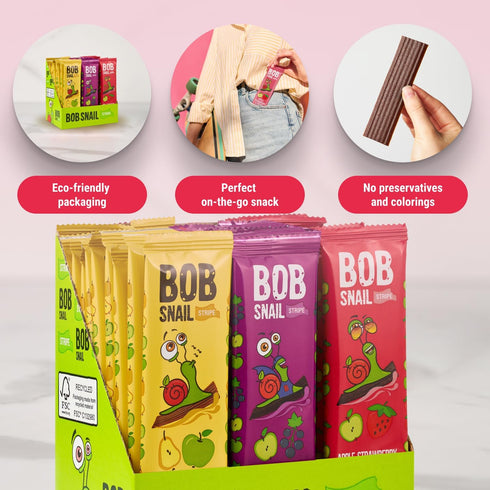 Adults30 Pack BOB SNAIL Healthy Fruit Snacks for Kids and Fruit Leather Snacks with Apple-Pear, Strawberry, Black