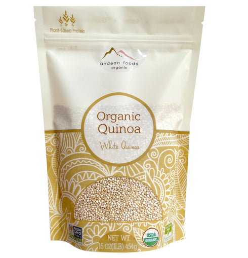 Andean Foods Organic White Quinoa PREMIUM QUALITY Superfood Grain Non-GMO, Gluten Free, Vegan, 1 lb,