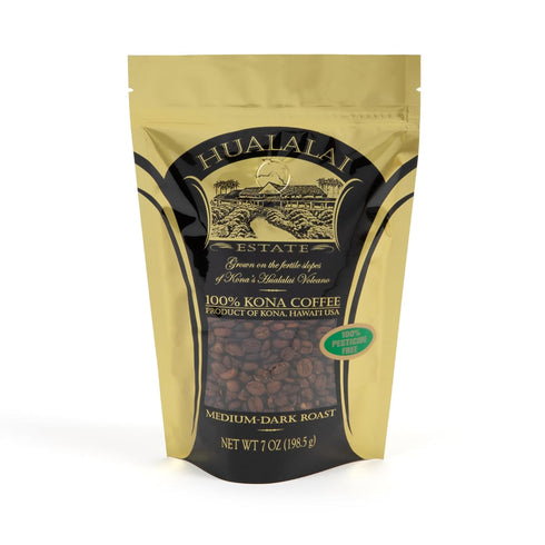 Hualalai Estate Whole Bean 100% Kona Coffee - Medium Dark Roasted, 7 oz, Pesticide-Free Gourmet Grade