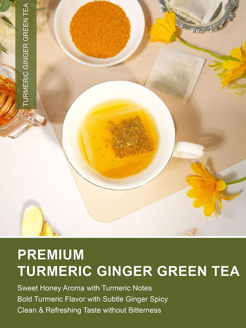 100 Count, TeeLux Ginger Turmeric Green Tea Bags, Smooth Steamed Green Tea with Spicy Ginger, Earthy Turmeric & Sweet