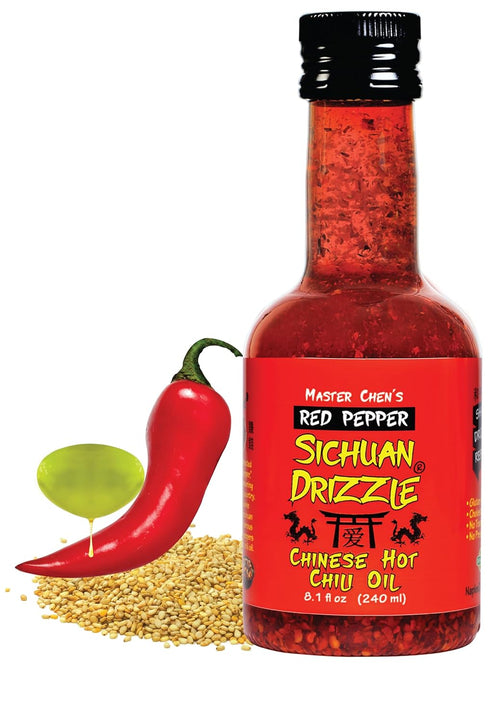 Sichuan Drizzle Chinese Chili Oil - Premium EVOO, Toasted Sesame Oil, Hot Chili Flakes, Vegan, Gluten-Free