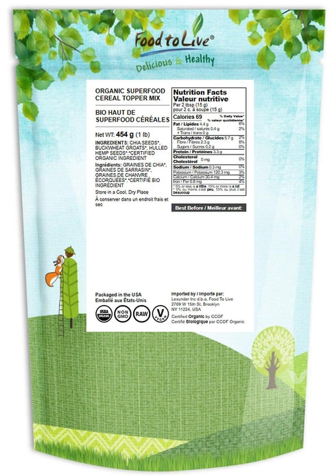 1 Omega-3, Food to Live Organic Superfood Cereal Topper, Pound with Non-GMO Hemp, Chia and Buckwheat Seeds