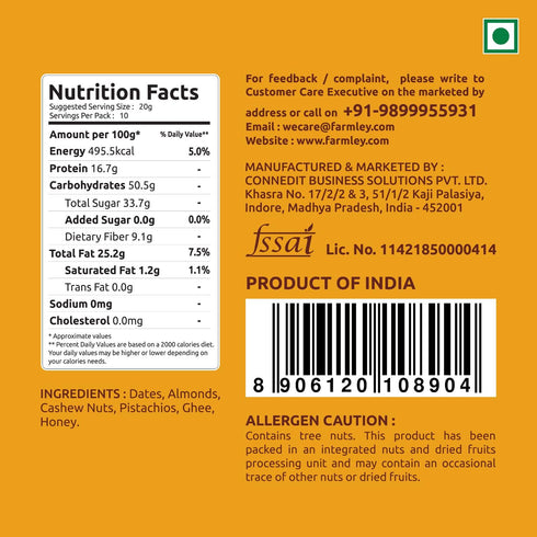 Farmley 200 (Pack 10) (7.05 Oz) Protein Dates Bars Jars| Dates Bite with No Added Sugar | Made with Zero Added Sugar |