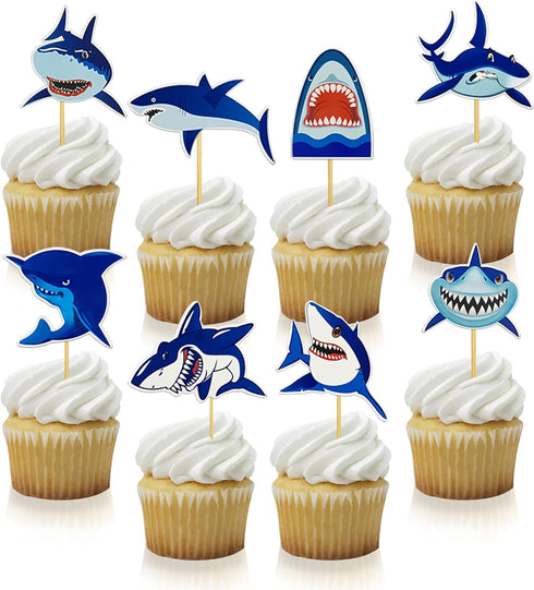 40 PCS Shark Theme Cupcake Toppers - Kids Birthday Party Supplies Decorations