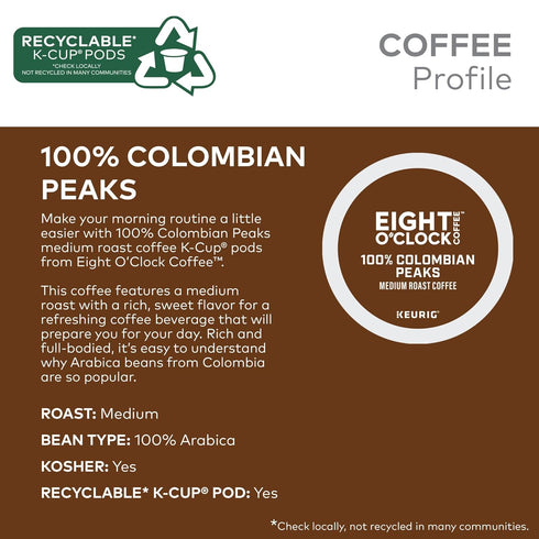72 Count Eight O'Clock Coffee Colombian Peaks Keurig Single-Serve K-Cup Pods, Medium Roast Coffee
