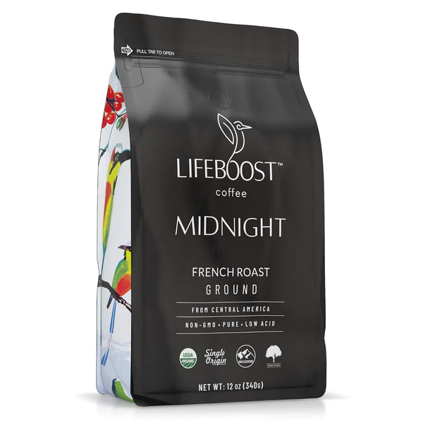 Lifeboost Midnight French Roast Coffee Ground - Non-GMO Single Origin USDA Organic