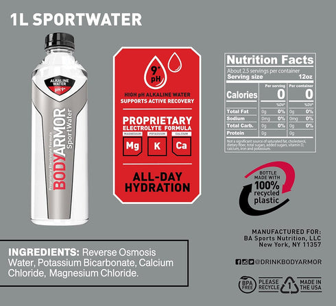 1 BODYARMOR Nutrition Sport Water Alkaline Water, Superior Hydration, pH Balanced Electrolyte Sports Formula, Supports
