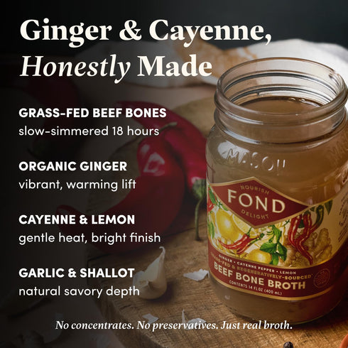 Slow-Simmered 14 oz (4-Pack) FOND Regenerative Grass Fed Beef Bone Broth Infused with Organic Ginger & Cayenne Beef