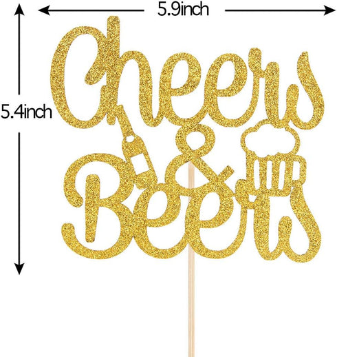 Gold Glitter Cheers & Beers Cake Topper for Happy Birthday, Engagement, Graduation, Wedding Party Decorations