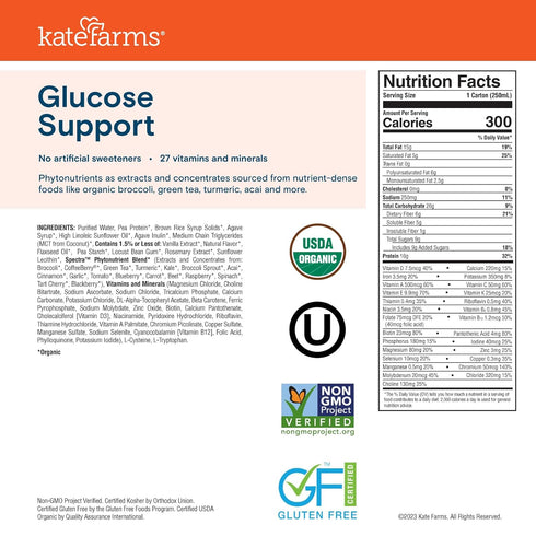 1.2 16g 27 8.45 oz (6 Pack) KATE FARMS Organic Glucose Support Shake, Vanilla, Protein, Vitamins and Minerals, Meal
