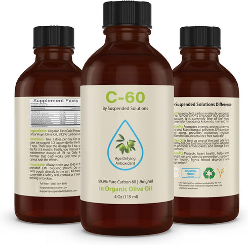 60 C60 4oz 108mg C60, 99.9% Carbon in Olive Oil Glass Bottle, Pure Solvent Free, Organic Extra Virgin Olive, Longevity