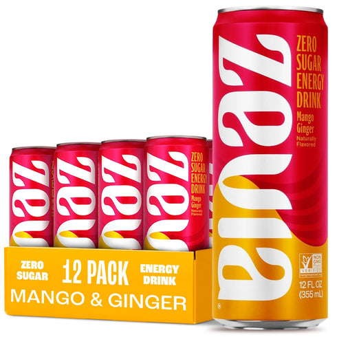 Zevia Zero Sugar Energy Drink, Mango Ginger, 12 oz Cans (12-Pack) Naturally
