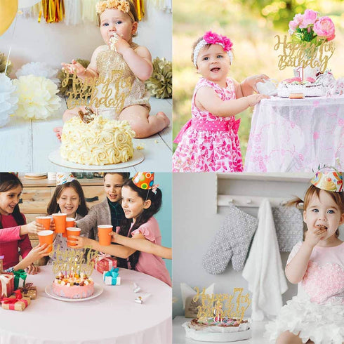 Gold Glitter Happy 7th Birthday Cake Topper, 7 Years Old Birthday Party Decorations, Boy or Girl Cake Toppers