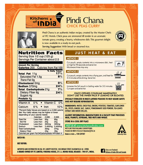 10 Kitchens Of India Ready To Eat Pindi Chana Chick Pea Curry, Ounce