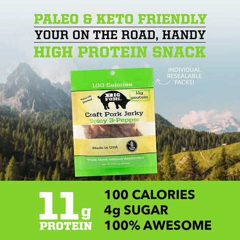 3-Pepper 100% 8 (2.25 oz Big Fork Craft Pork Jerky Spicy Flavor | Bacon-Inspired, Small-Batch Jerky Made from Berkshire