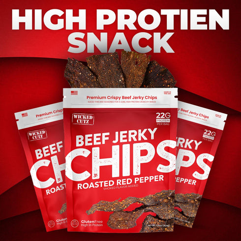 22g (2 Wicked Cutz Roasted Red Pepper Beef Jerky Chips, Protein per Bag, Crispy & Crunchy Beef Jerky Crisps, USA Made