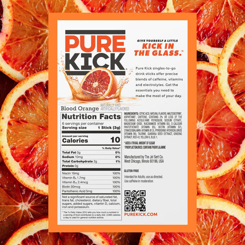 3 6 Packets 18 0.63 Pure Kick Energy Drink Mix Blood Orange - Boxes with Each - Total Servings - Ounce