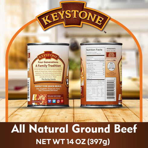 14 Oz Pack 2 Keystone Meats All Natural Heat and Serve Ground Beef Fully Cooked Canned Meat Shelf Stable Emergency