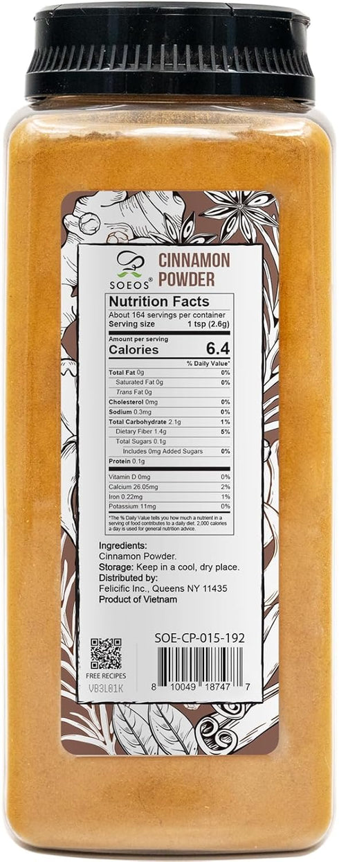 Soeos Ground Cinnamon Powder, 100% Raw, Non-GMO, Kosher Certified, Cinnamon Seasoning Spice for Cooking, 15 oz
