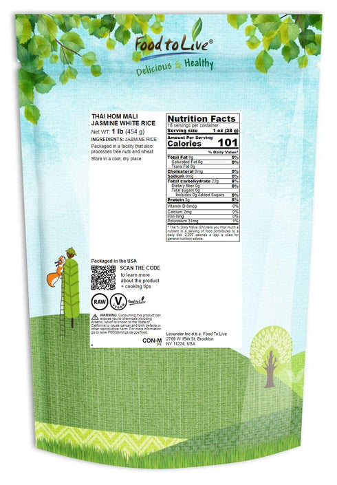 1 Food to Live Thai Hom Mali Jasmine White Rice, Pound Naturally Fragrant Long-Grain Rice, Flavorful, Raw, Vegan, Bulk.