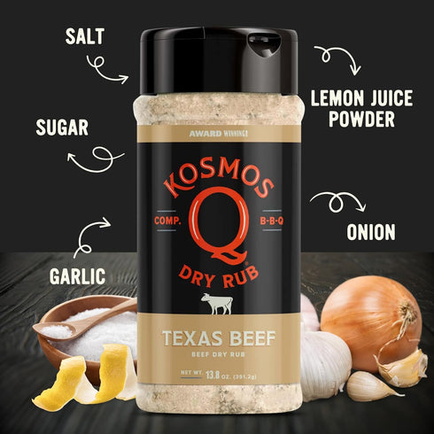 13.8 Oz Kosmos Q Texas Beef Dry Rub, Steak Seasoning with Garlic, Onion, Lemon & Savory Spices for Steak, Beef Ribs
