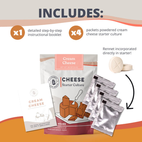 4 Direct-Set Packets 2 Cultures for Health Cream Cheese Starter Culture | Non-GMO & Vegetable Rennet Tablets | DIY