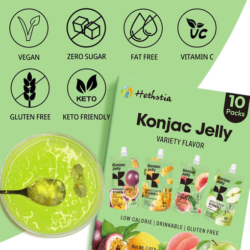 10 Pack(Peach, 10-Pack Hethstia Konjac Jelly Mango, Passion Fruit, Green Apple) and Konjac Jelly Peach Flavor Drinkable