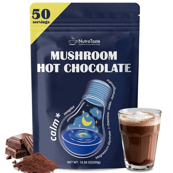 Mushroom Hot Chocolate for Calm, 50 Servings Cocoa Powder | 10 Mushrooms