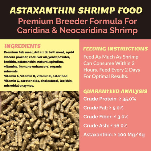 50 ASTAXANTHIN Shrimp Food, Premium Natural Ingredients, High Protein, Rich in Vitamins for Neocaridina, Caridina, Red