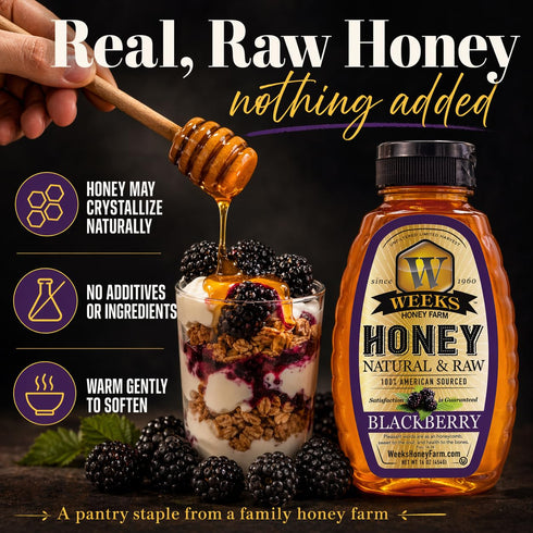100% 16 oz Weeks Honey Farm Raw & Unfiltered Blackberry Honey, Organic, Kosher-Certified, Gluten-Free, All-Natural