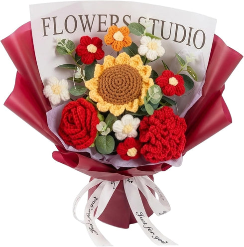 Ameble Long-Lasting Crochet Flower Bouquet Knitted Roses & Tulips Bouquet of Crochet Flowers