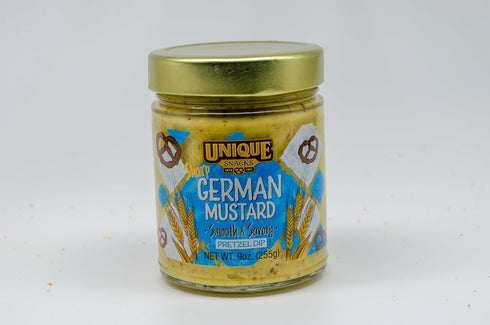 Pack 4 Unique Snacks Sharp German Mustard Dip, Whole Grain Mustard Seeds, Pretzel Dip, Non-GMO