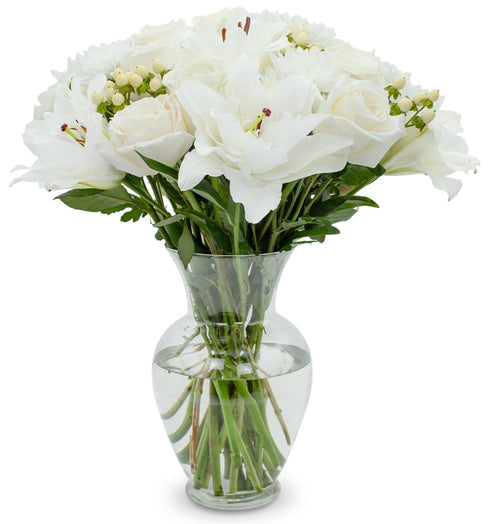Stargazer Barn White Royale Rose Bouquet with Vase Mothers Day Flowers for