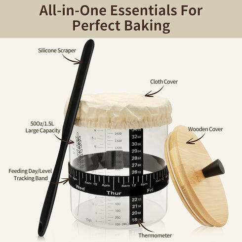 50oz (1 Pack) Sourdough Starter Jar, Wide Mouth Sourdough Jar, Large Capacity Sourdough Bread Starter Kit with Lid
