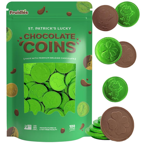 100 (100-Pack) Saint Patrick's Day Clover Shamrock Leprechaun Green Coins, Premium Belgian Nut-Free Candy, Kosher