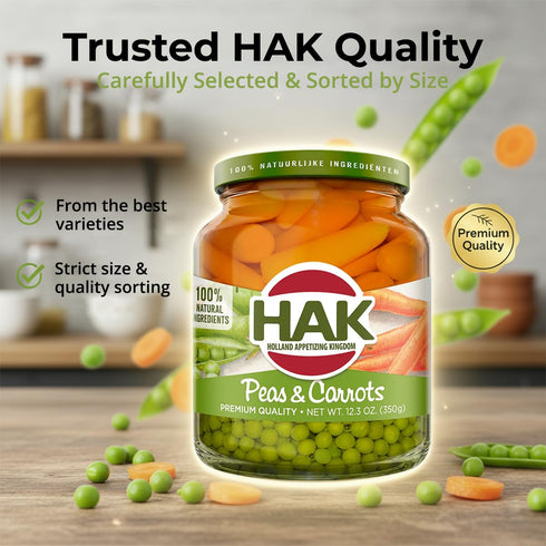 Hak 12.3oz 6 Pack Green Peas with Carrots in Glass Jar - Ready-to-Eat Mixed Vegetables with Sea Salt & Water - Canned