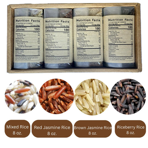 Set 4 2 LB Set Certified Organic Thai Jasmine Rice Gift - Medley Rice Kinds - Brown, Red, Purple Riceberry, Mixed Rice
