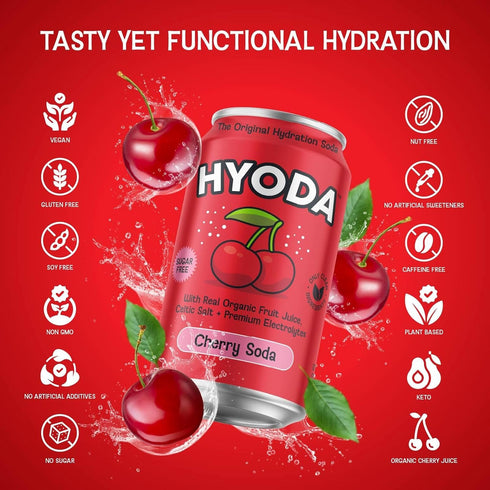 12 OZ 12 Pack HYODA Cherry Soda, Gluten Free and Vegan Sparkling Electrolyte Drink, Made with Organic Cherry Juice