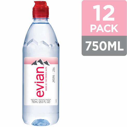 750 ml (25.36 12 Pack evian Natural Spring Water, fluid ounce) Water Bottle with Sports Cap