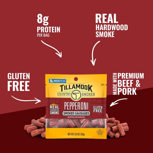 Country 0.9 oz, 24 Count, Protein-Packed, Tillamook Smoker Pepperoni Smoked Sausages, Made with Beef & Pork, Real