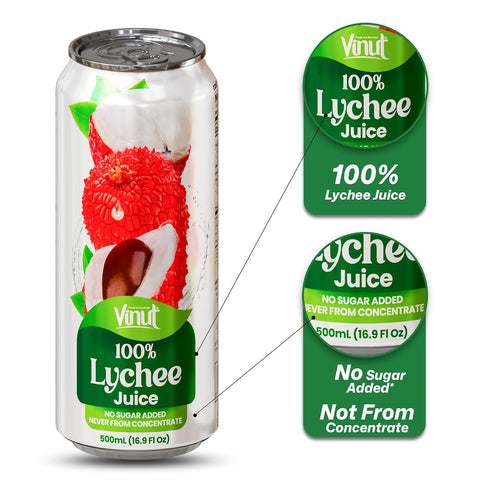 100% 16.9 oz (500 mL) Pack 12 VINUT Lychee Juice, No Added Sugar, Not From Concentrate, fl Can