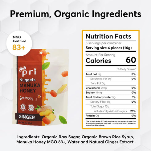 P.R.I Manuka Honey & Ginger Nuggets, Sweet and All Natural Hard Candy Treat, 3oz
