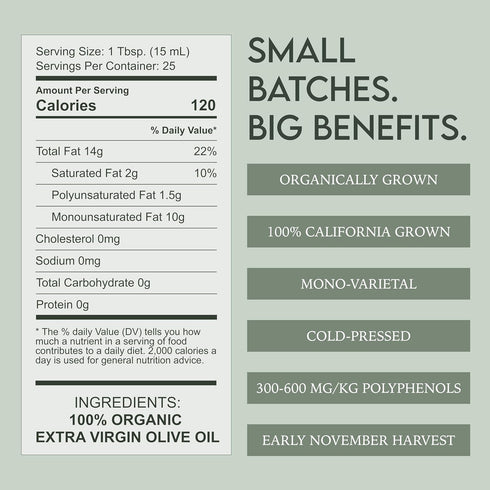 100% 12.7 oz) Evie Organic Extra Virgin Olive Oil Bold - California Grown, Cold Pressed EVOO | Pure High Polyphenol