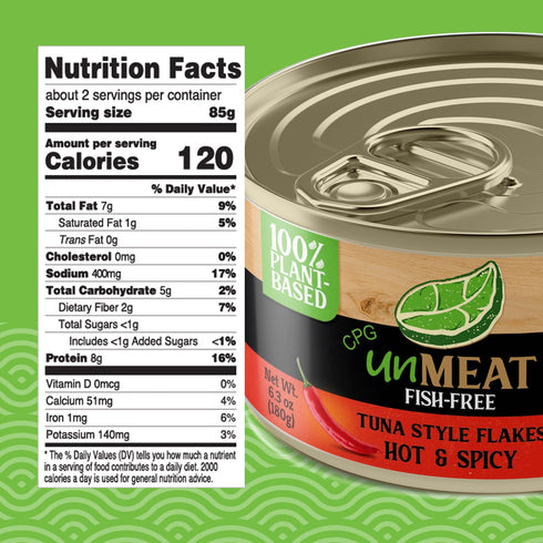 3 Pack unMEAT Plant Based Tuna Style Flakes Hot & Spicy Vegan Canned Tuna, Fish-Free Spicy Tuna with Plant Protein, Low