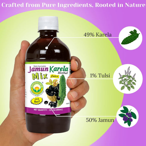32.46 Oz (960ml) BASIC AYURVEDA Jamun Karela Herbal Mix Juice with Holy Basil | Fl | Natural Indian Black Berry